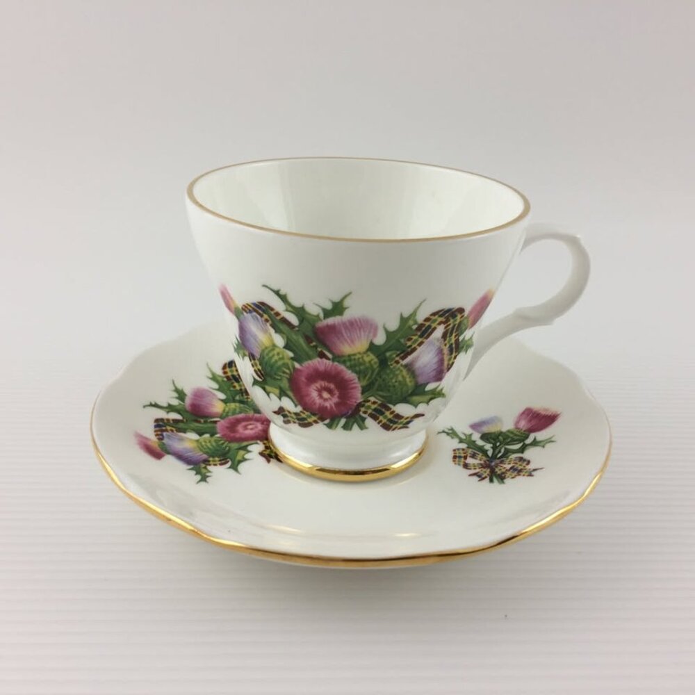 Crown Trent Vintage Scottish Thiste and Tartan Teacup and Saucer Fine Bone China
